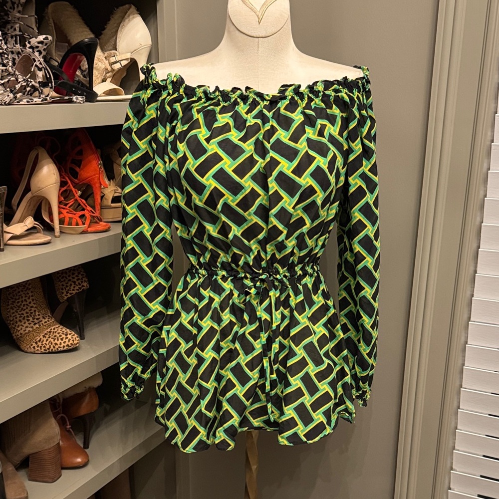 Diane Von Furstenberg Black and Green Geometric-Print Blouse